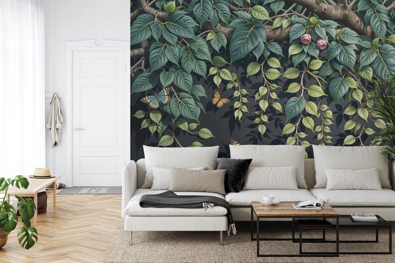Floral branch wallpaper mural installation view in contemporary room setting