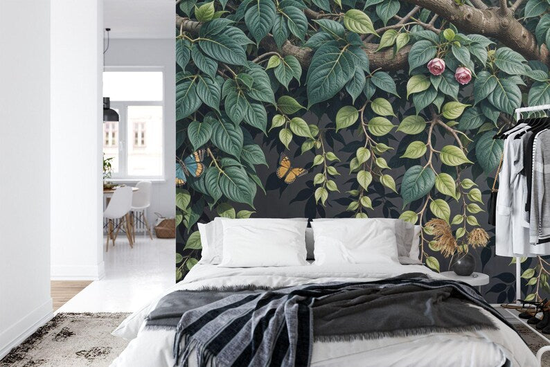 Close-up of elegant floral branch wallpaper mural botanical artwork