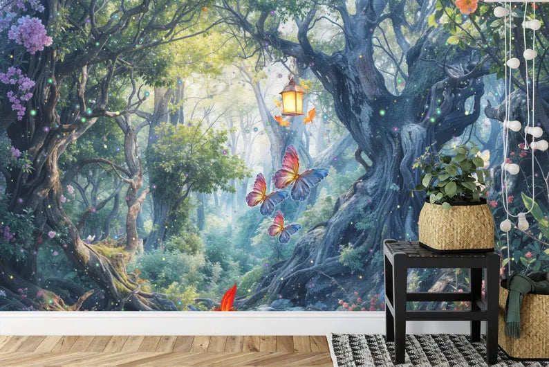 Enchanted forest wallpaper installation example showcasing depth and immersive nature scene