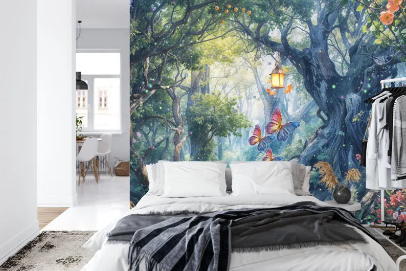 Close-up of enchanted forest mural design featuring intricate tree details and atmospheric lighting


