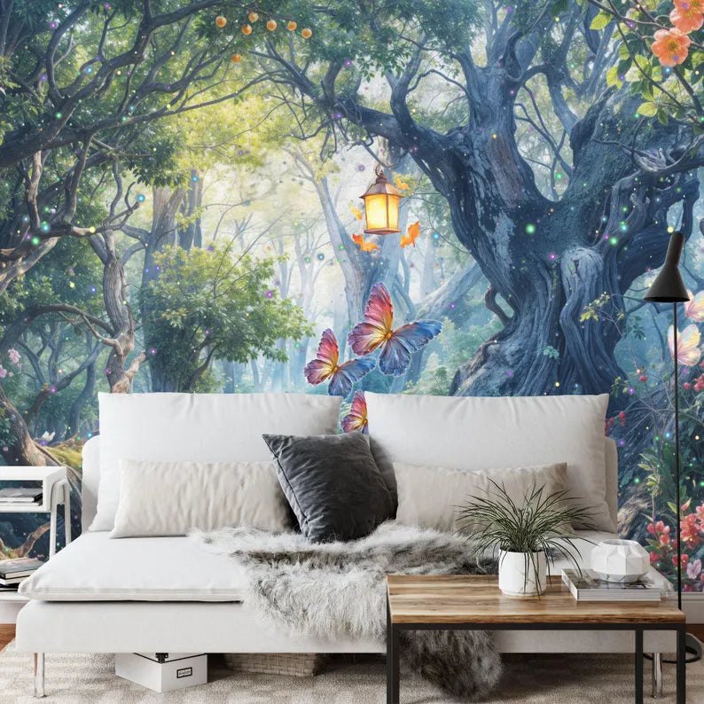 Enchanted woodland wallpaper mural with dreamy forest path and natural green tones

