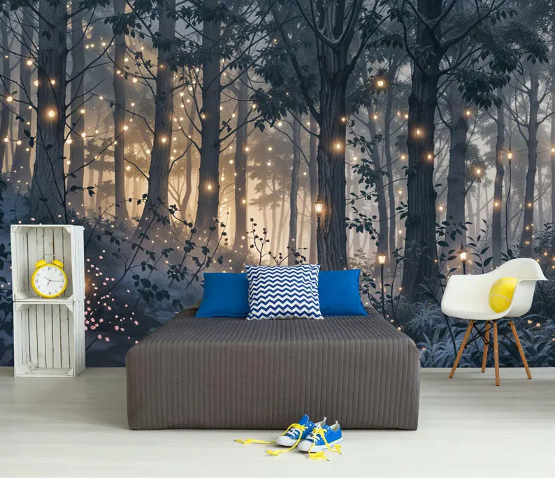 Magical Forest Wallpaper Mural, Purple Cyan Art Print