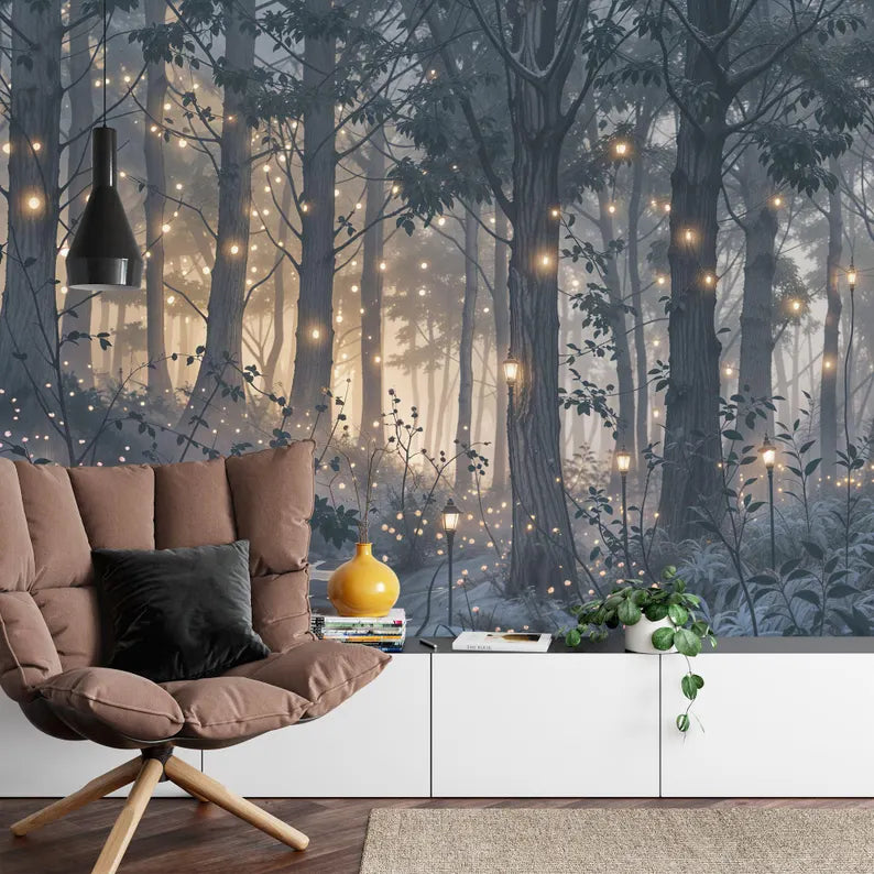 Magical Forest Wallpaper Mural, Purple Cyan Art Print