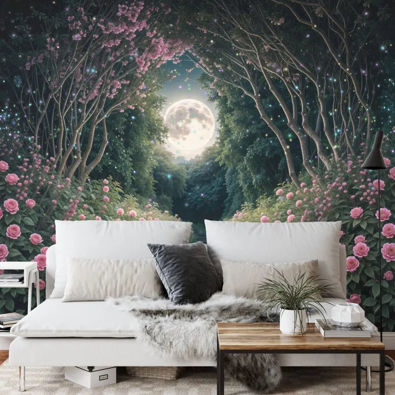 Magical Forest Wallpaper Mural, Purple Cyan Fairytale Gift