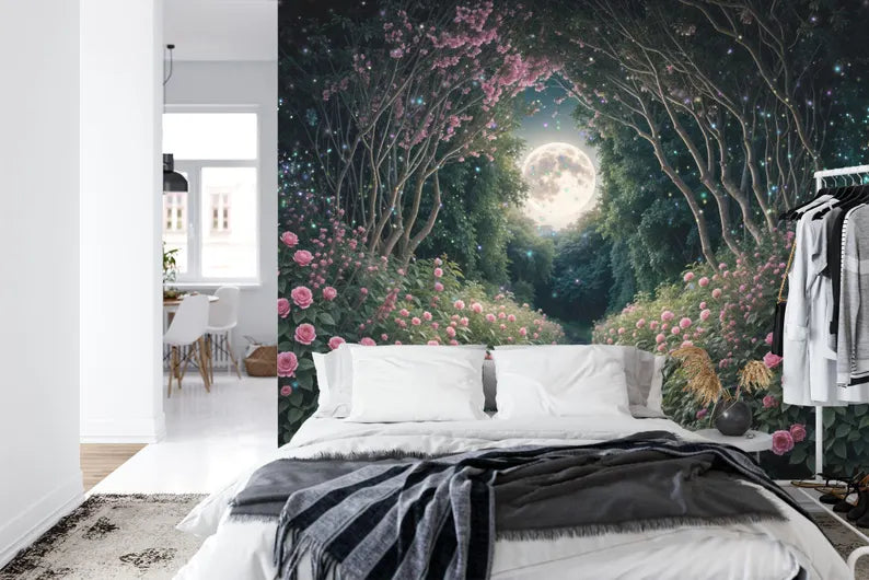Magical Forest Wallpaper Mural, Purple Cyan Fairytale Gift