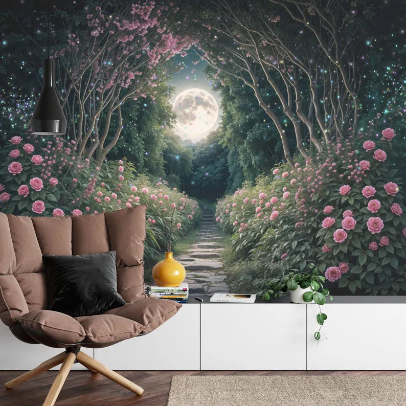 Magical Forest Wallpaper Mural, Purple Cyan Fairytale Gift