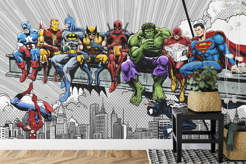 Vintage Comic Superhero Cityscape Wall Mural