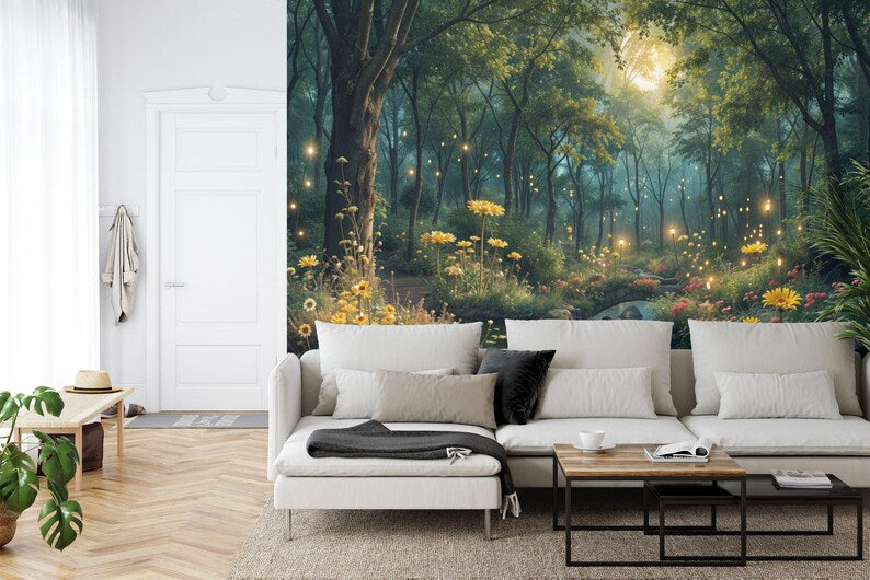 Enchanted Forest Night Wallpaper Mural, Moonlit Trees