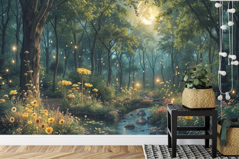 Enchanted Forest Night Wallpaper Mural, Moonlit Trees