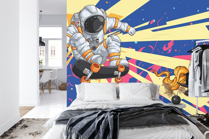 Spaceman Graffiti Art Print Wallpaper, Kids Room Decor