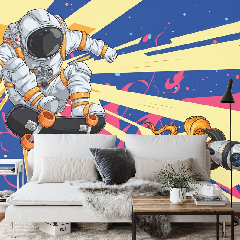 Spaceman Graffiti Art Print Wallpaper, Kids Room Decor