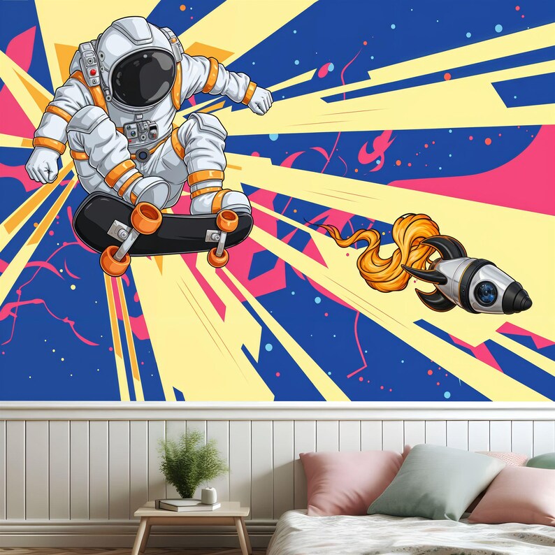 Spaceman Graffiti Art Print Wallpaper, Kids Room Decor