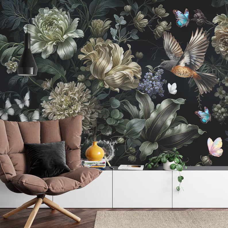 Baroque Floral Mural, Rich Peonies, Easy-Install Gift