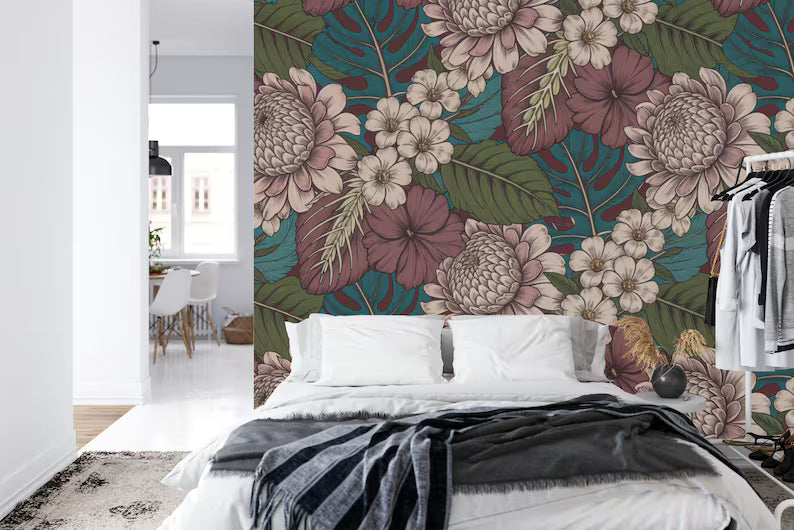 Baroque Peony Wallpaper Mural, Rich Deep Colors Art Print