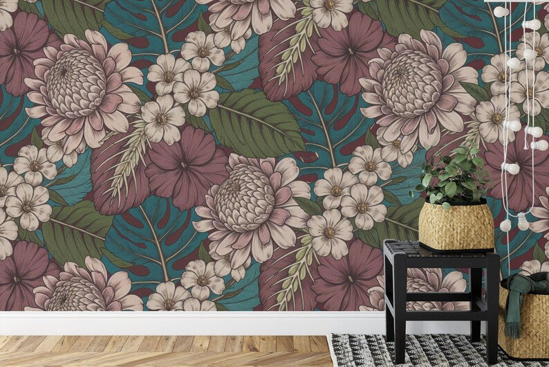 Baroque Peony Wallpaper Mural, Rich Deep Colors Art Print