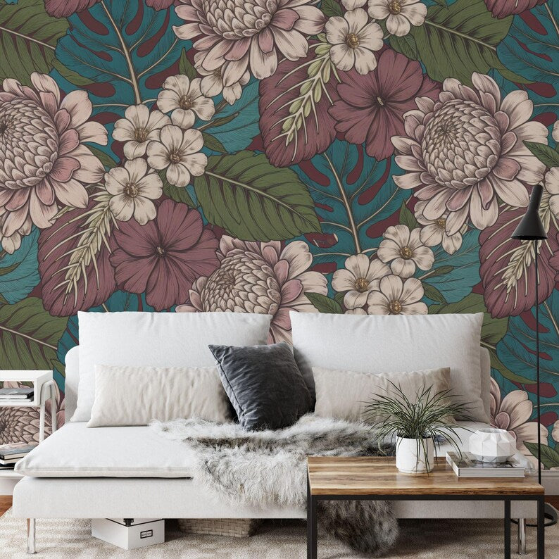 Baroque Peony Wallpaper Mural, Rich Deep Colors Art Print