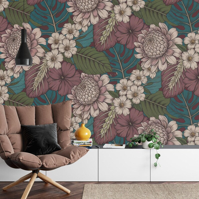 Baroque Peony Wallpaper Mural, Rich Deep Colors Art Print