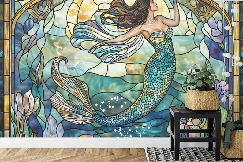 Mermaid Stained Glass Window Wallpaper Art Print