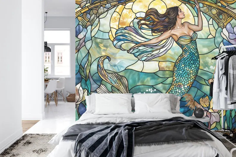 Mermaid Stained Glass Window Wallpaper Art Print