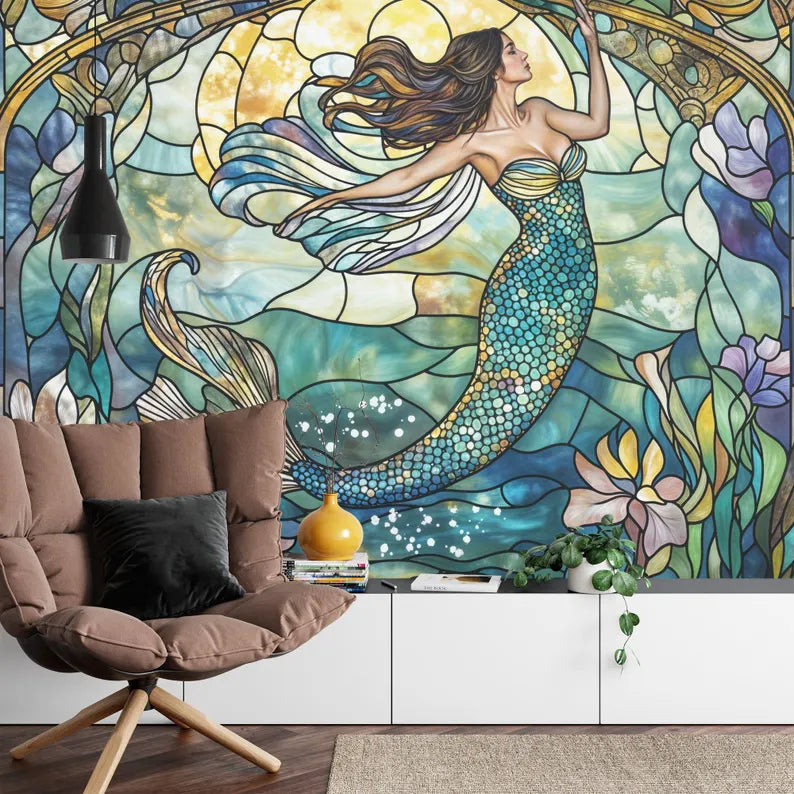 Mermaid Stained Glass Window Wallpaper Art Print