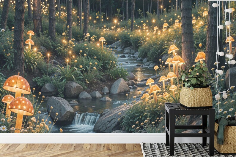 Fairytale Forest Wallpaper Mural, Magical Mushroom Lights