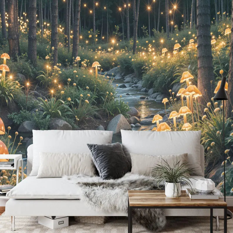 Enchanted forest wall mural with whimsical glowing mushrooms and fairy tale atmosphere

