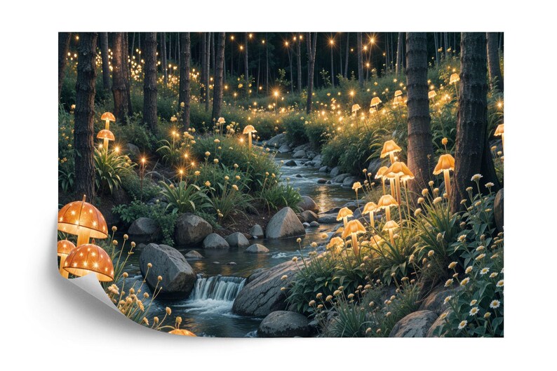 Fairytale Forest Wallpaper Mural, Magical Mushroom Lights