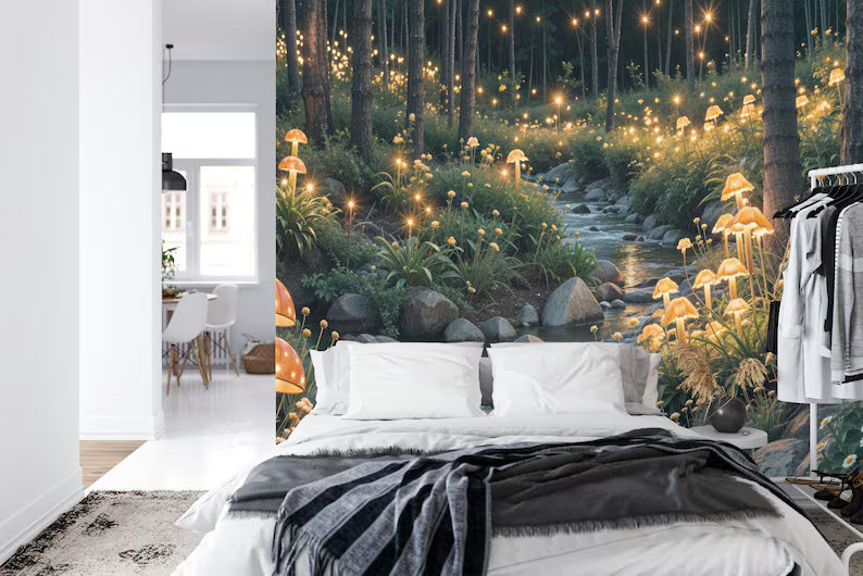 Fairytale Forest Wallpaper Mural, Magical Mushroom Lights