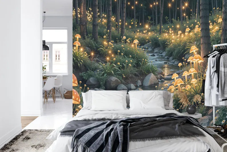 Close-up of magical mushroom wallpaper design with soft glowing lights in forest setting

