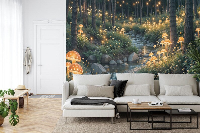 Fairytale Forest Wallpaper Mural, Magical Mushroom Lights