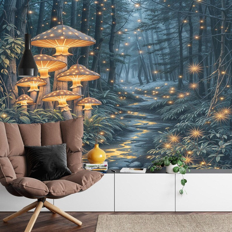 Magical night forest wall mural with glowing toadstools, fireflies, and enchanted woodland scenery

