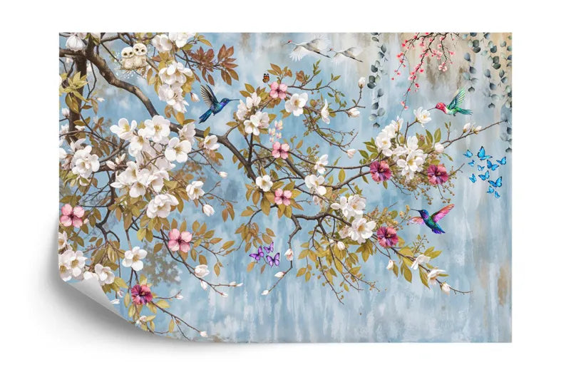Full view of chinoiserie peach blossom tree wallpaper with flowing branches and pink flowers

