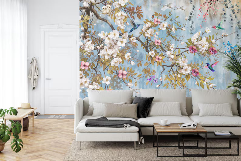 Vintage Chinoiserie Peach Blossom Tree Wallpaper Mural