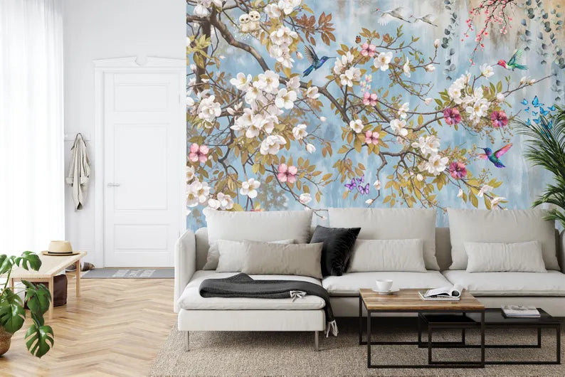 Close-up detail of hand-painted peach blossoms and branches in traditional chinoiserie style

