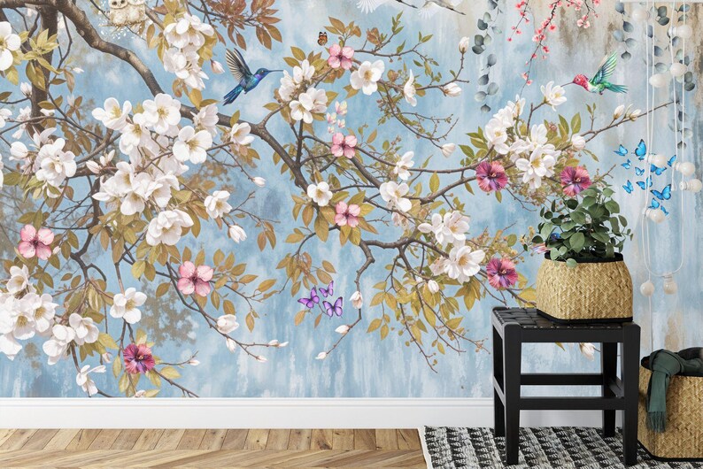 Vintage Chinoiserie Peach Blossom Tree Wallpaper Mural
