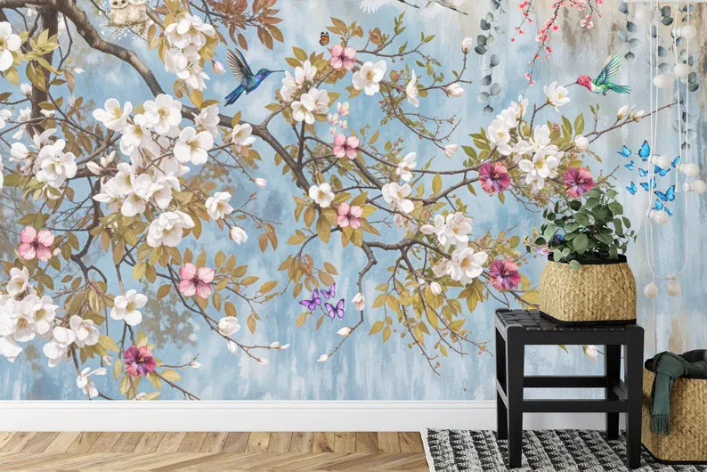 Vintage oriental peach blossom wallpaper featuring soft pink blooms and graceful branches

