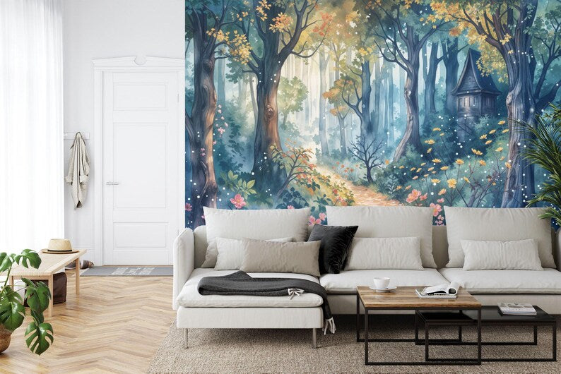 Whimsical forest mural detail showing enchanted trees and mystical atmosphere