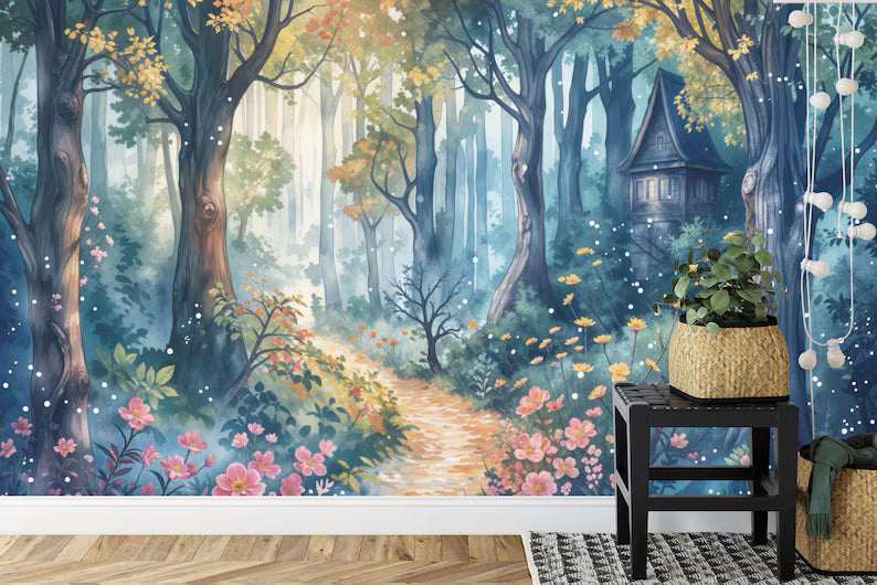 Enchanted Forest Wallpaper Mural, Whimsical Watercolor Art