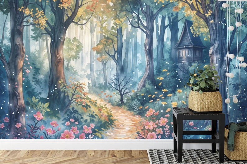 Enchanted woodland wallpaper with dreamy forest landscape and fairy tale aesthetic