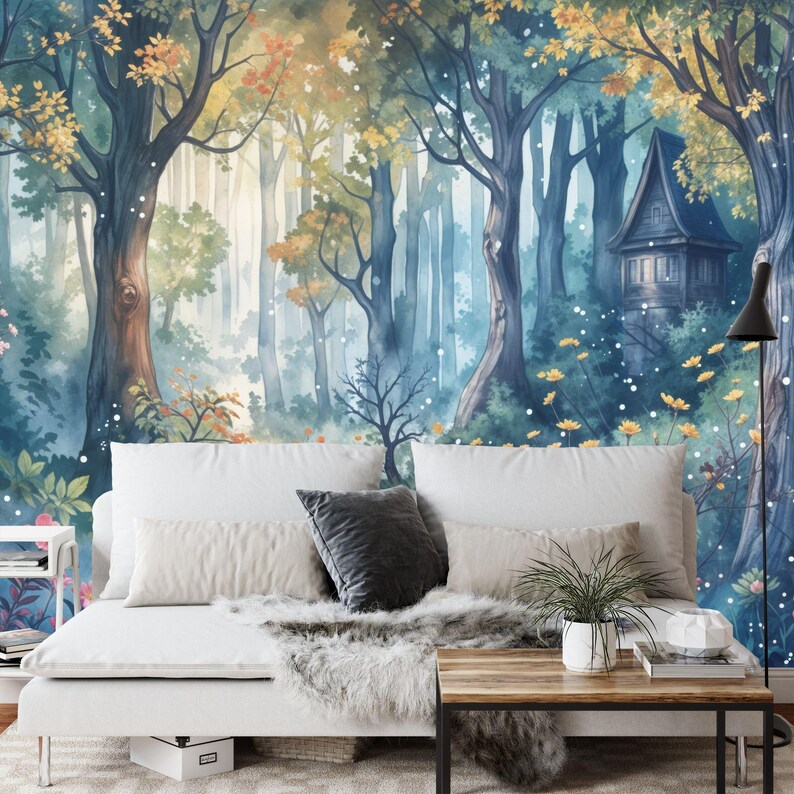 Whimsical forest wall mural with enchanted trees in mystical woodland setting