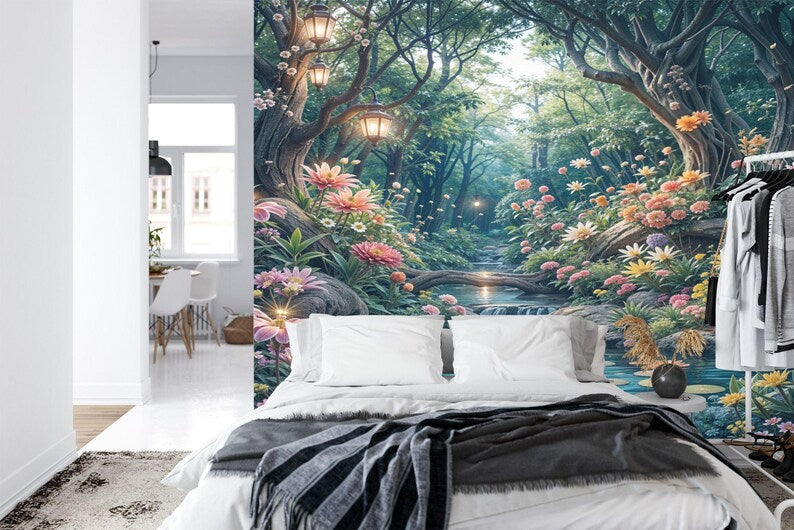 Mystical forest wallpaper with purple-cyan color palette and dreamy atmosphere