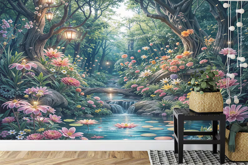 Purple-cyan fantasy woodland wallpaper mural with mystical forest landscape