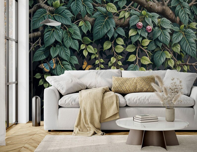 Elegant floral branch wallpaper mural detail showing delicate botanical pattern