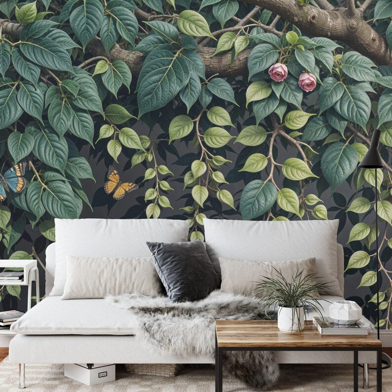 Floral branch wallpaper mural pattern detail with elegant botanical motifs