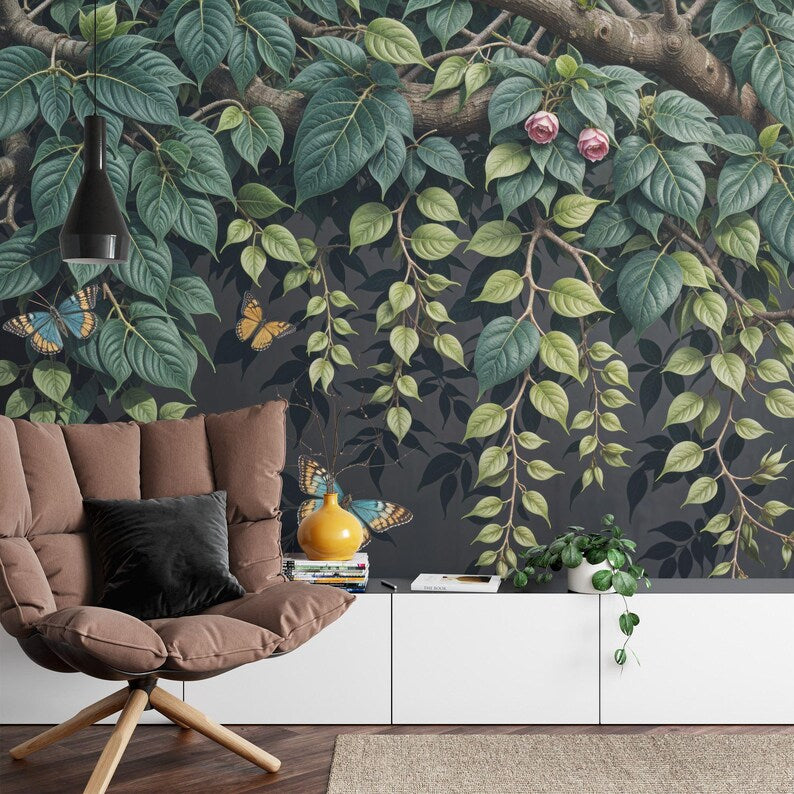 Elegant floral branch wallpaper mural design showing full botanical composition