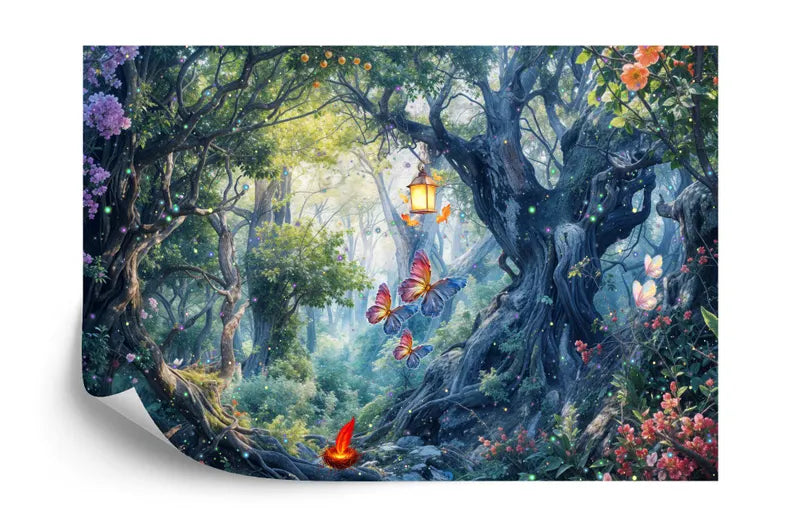Enchanted forest wallpaper mural detail highlighting premium print quality and realistic forest imagery

