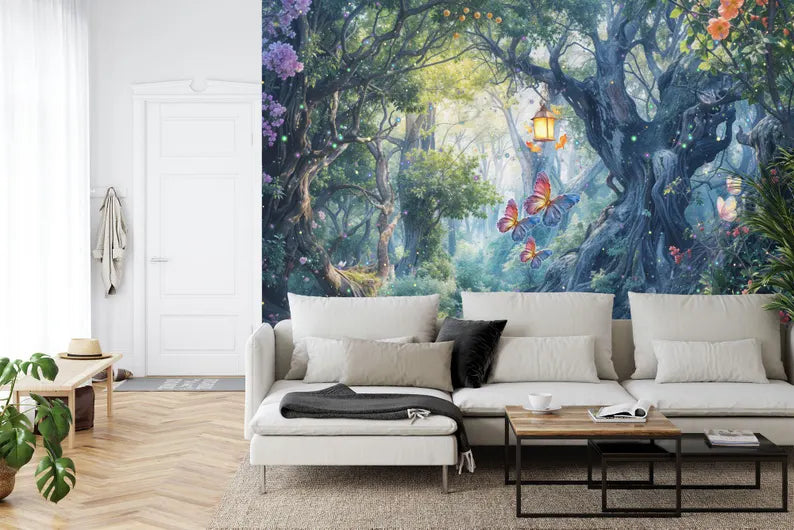 Detailed view of enchanted forest wall mural showing lush foliage and magical woodland atmosphere