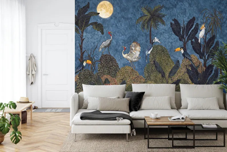 Tropical Jungle Chinoiserie Wallpaper Mural, Exotic