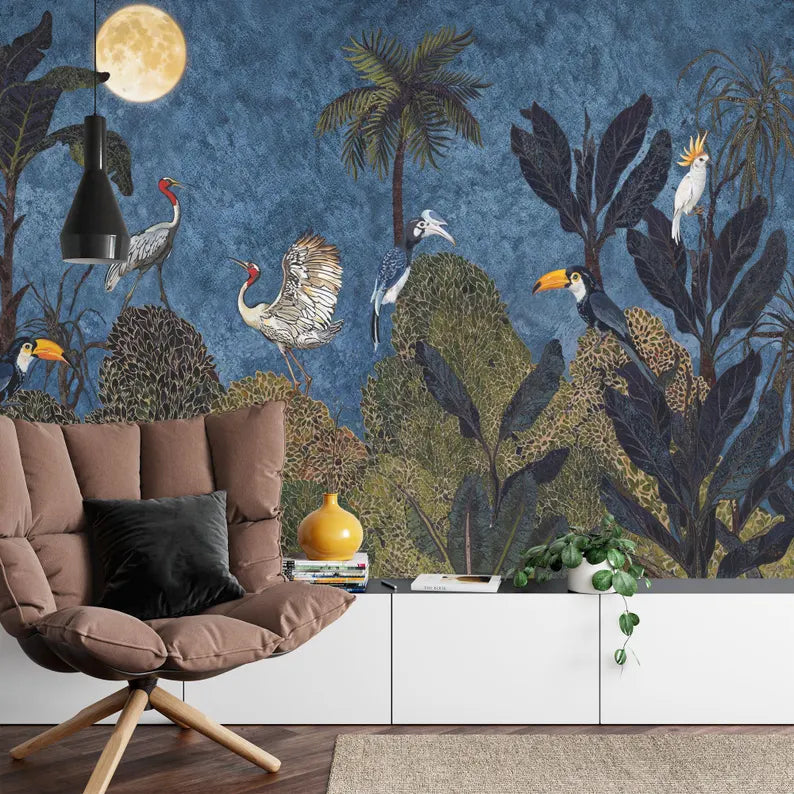 Tropical Jungle Chinoiserie Wallpaper Mural, Exotic