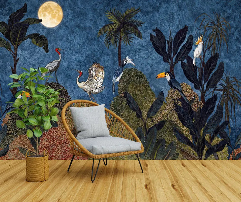 Tropical Jungle Chinoiserie Wallpaper Mural, Exotic